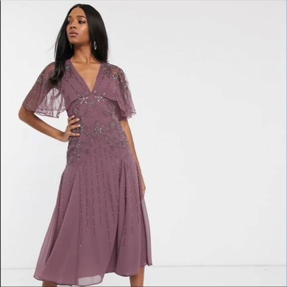 ASOS Floral Embellished Cape Midi Dress Dusty Purple Size 4 - Picture 5 of 15